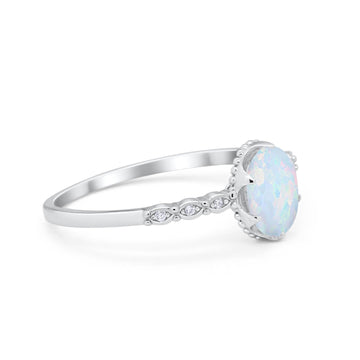 Oval Art Style Engagement Ring Lab Created White Opal 925 Sterling Silver
